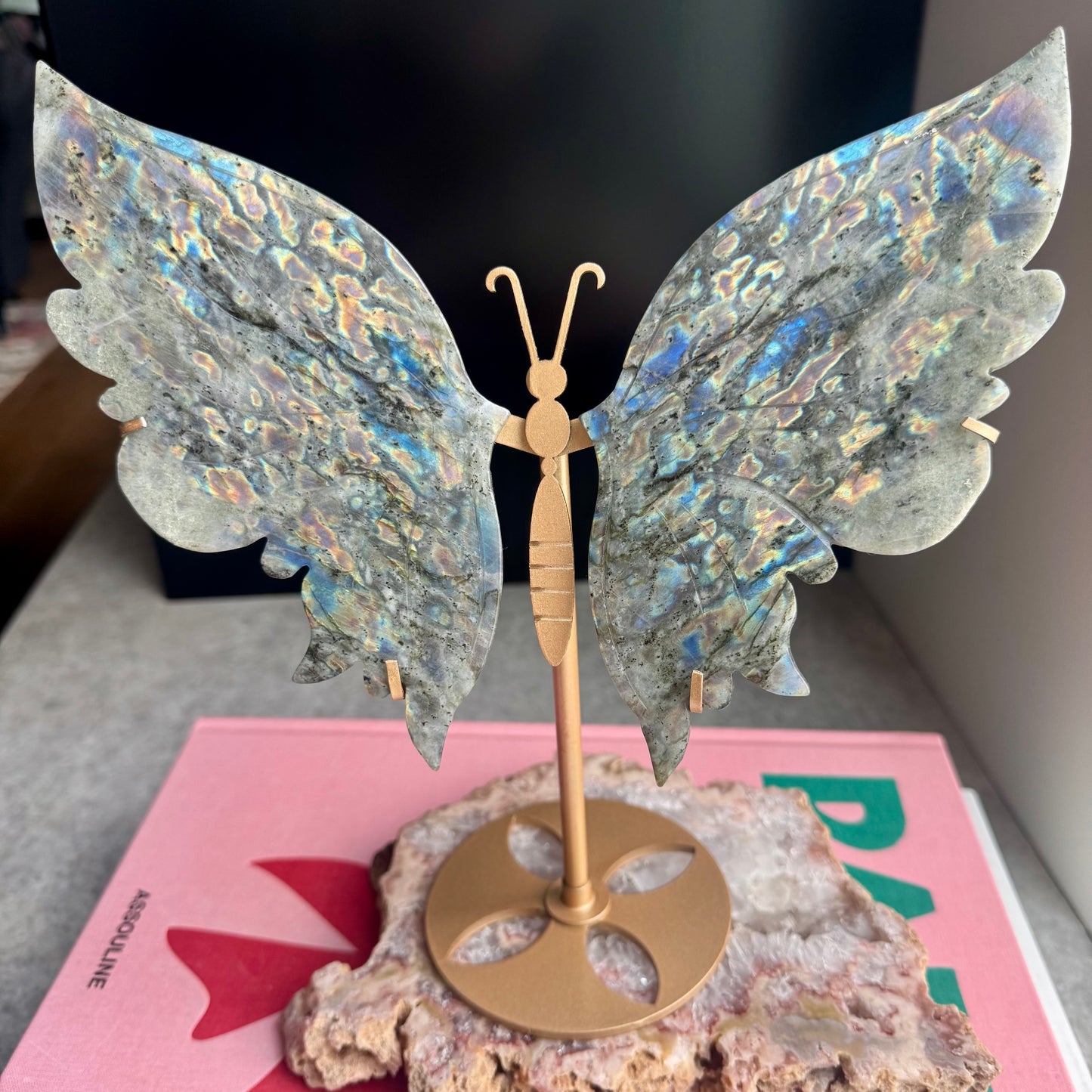 Labradorite Butterfly Wings on Gold Stand