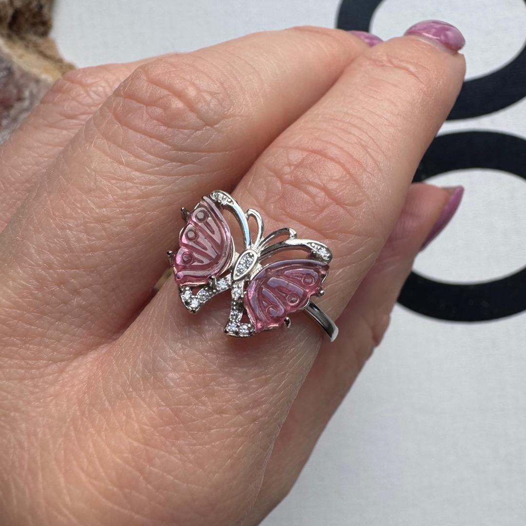 Pink Tourmaline Silver Butterfly Adjustable Ring No 112