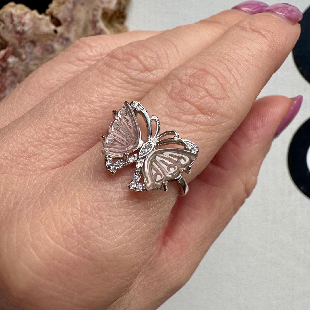 Pink Tourmaline Silver Butterfly Adjustable Ring No 113