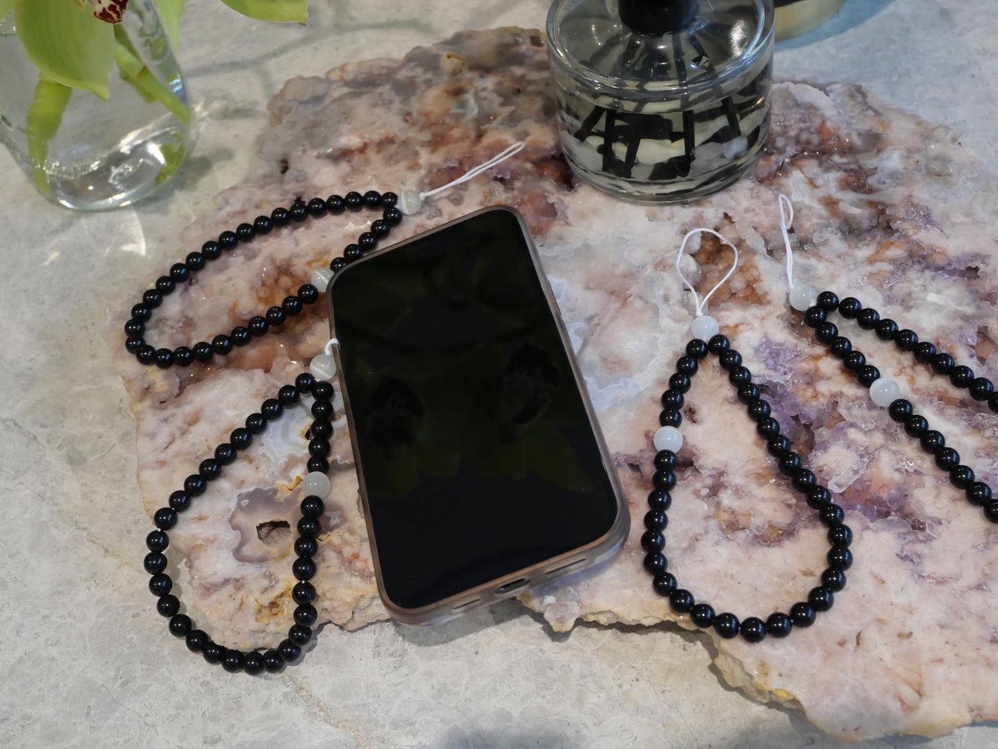 Obsidian with White Opal Crystal Beaded Phone Strap