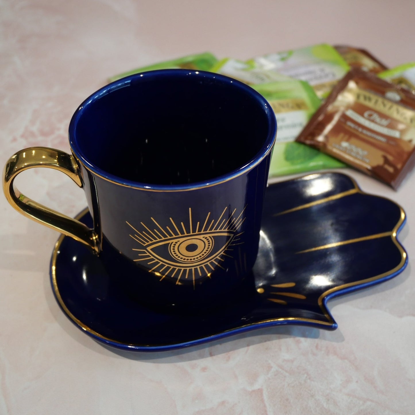 Gloss Royal Blue with Gold Evil Eye Tea Cup & Saucer Set