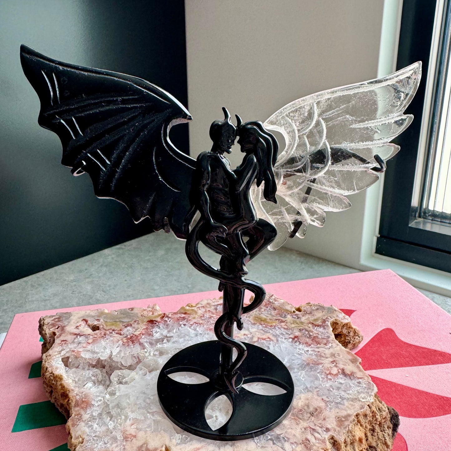 Black Obsidian Devil & Clear Quartz Angel Wings on Black Stand