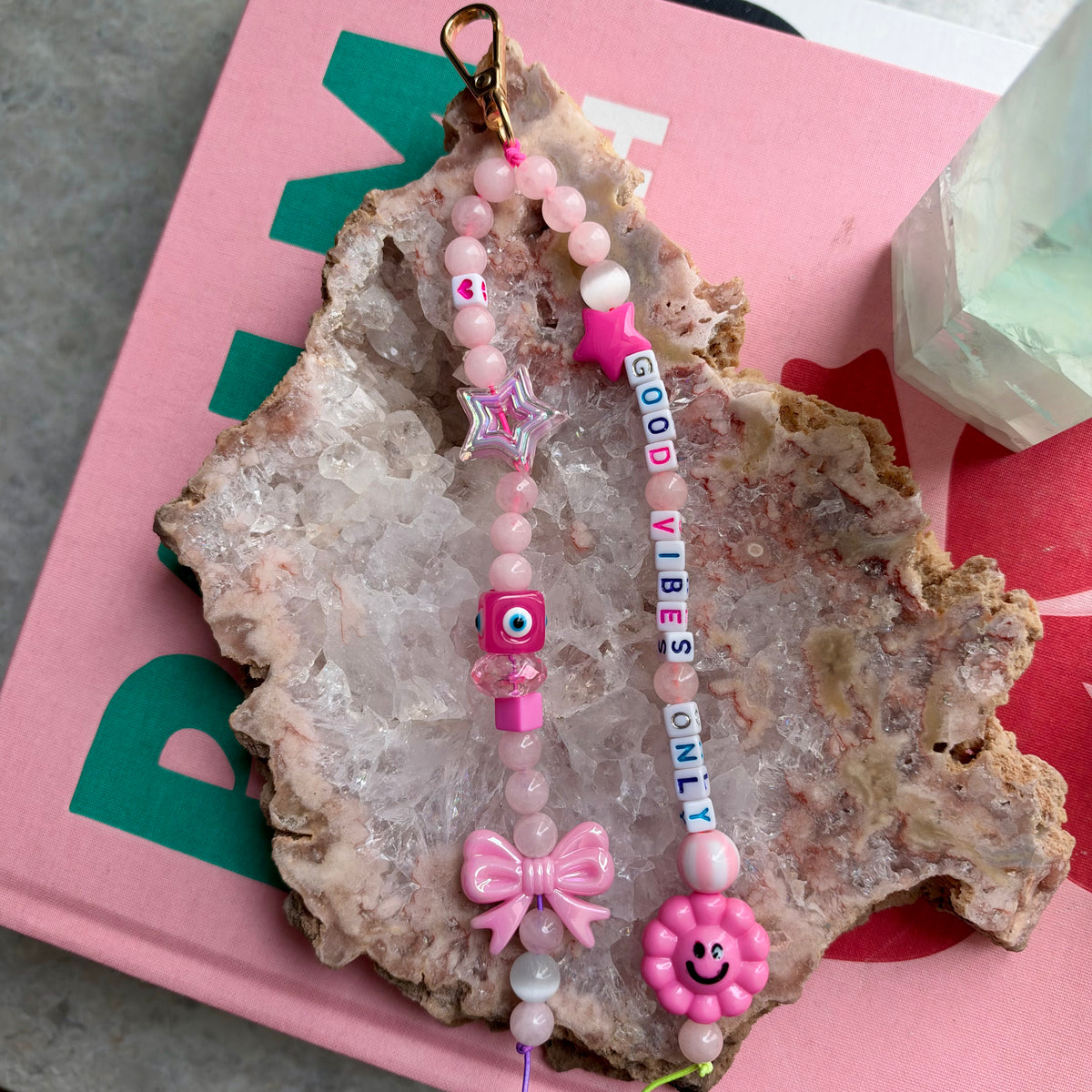Good Vibes Rose Quartz & Howlite Bag Charm