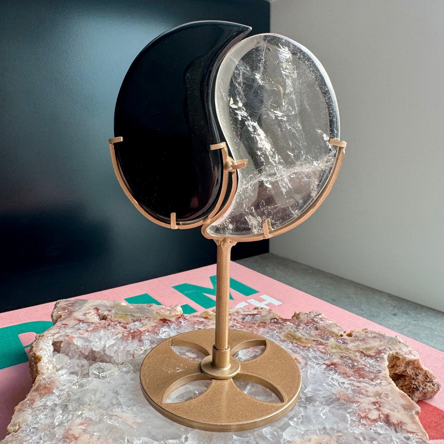 Yin Yang Clear Quartz & Obsidian Sculpture on Gold Stand