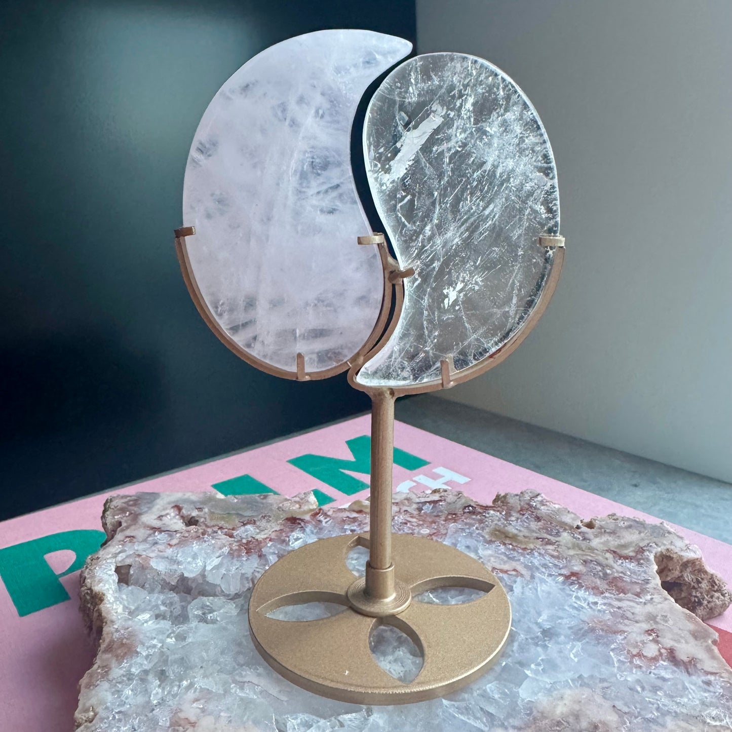 Yin Yang Clear Quartz & Rose Quartz on Gold Stand