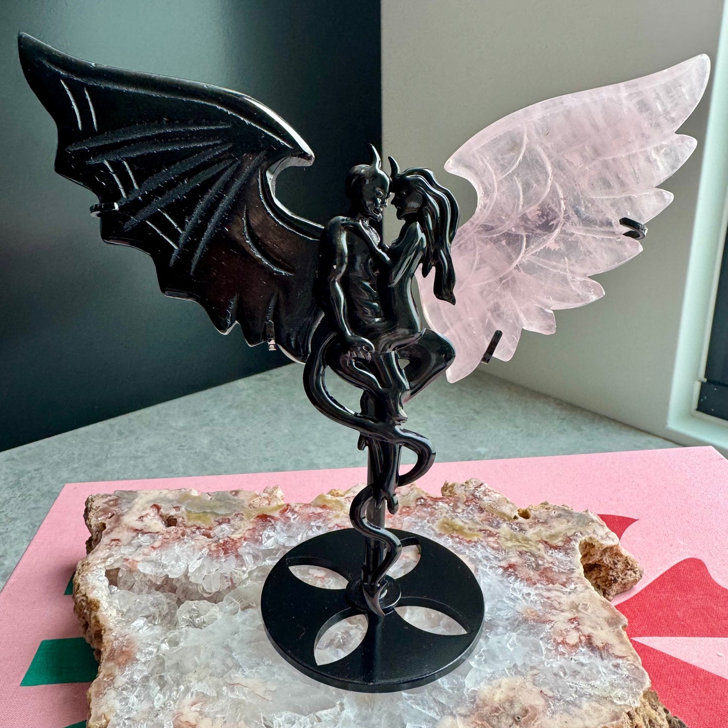 Black Obsidian Devil & Rose Quartz Angel Wings on Black Stand