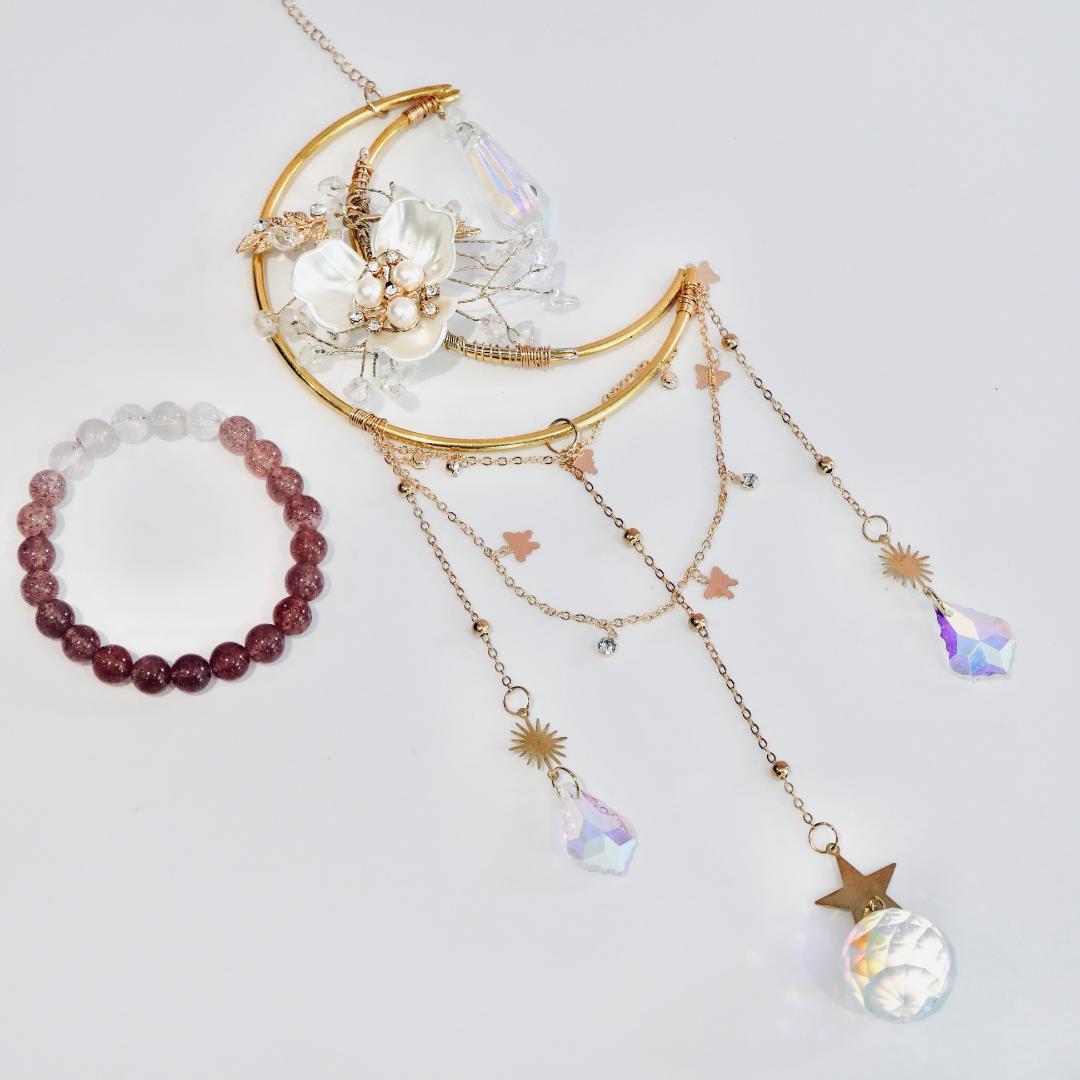 Clear Quartz Suncatcher & Strawberry Quartz Bracelet Gift Box