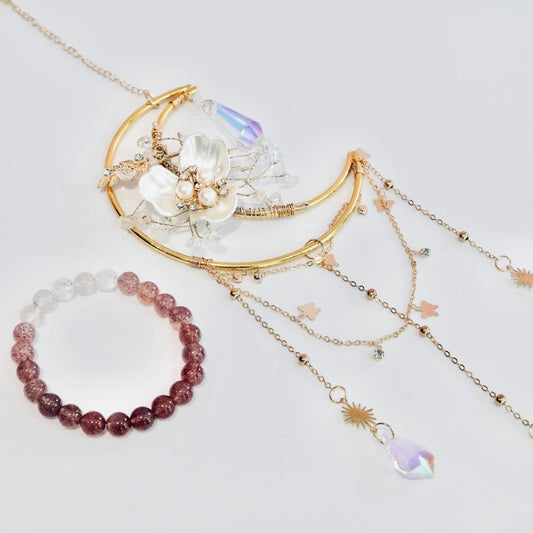 Clear Quartz Suncatcher & Strawberry Quartz Bracelet Gift Box