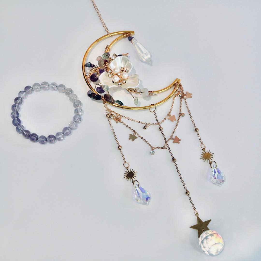 Fluorite Moon Sun Catcher & Amethyst Bracelet Gift Set