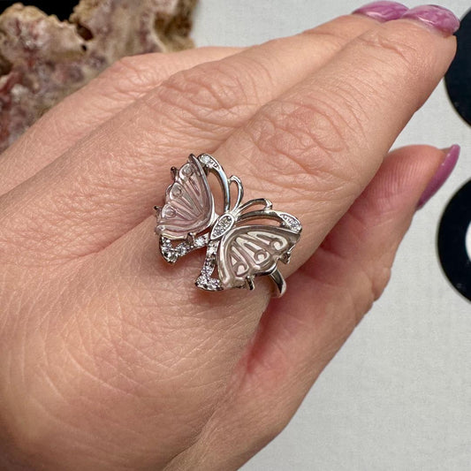 Pink Tourmaline Silver Butterfly Adjustable Ring No 113