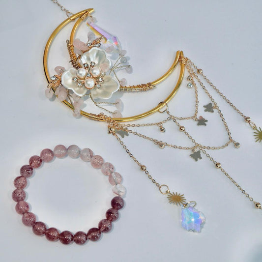 Rose Quartz Suncatcher & Strawberry Quartz Bracelet Gift Box