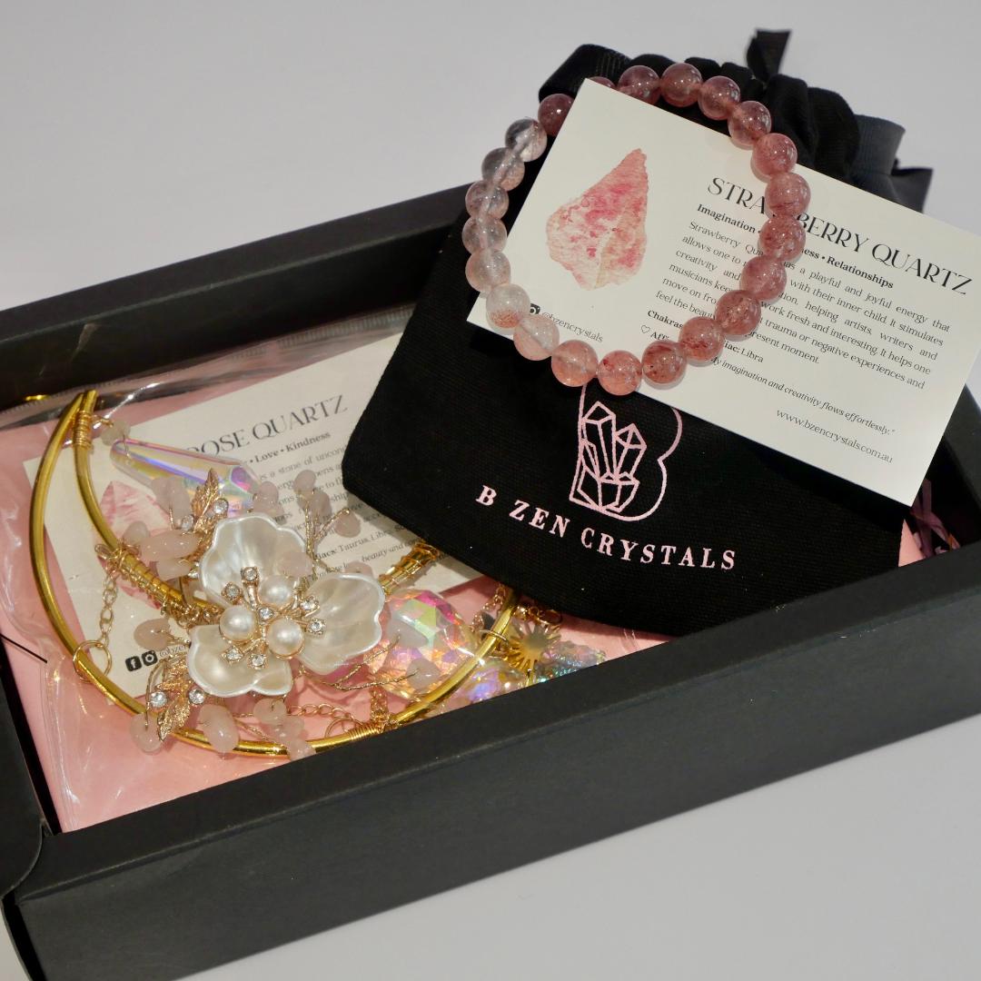 Rose Quartz Suncatcher & Strawberry Quartz Bracelet Gift Box