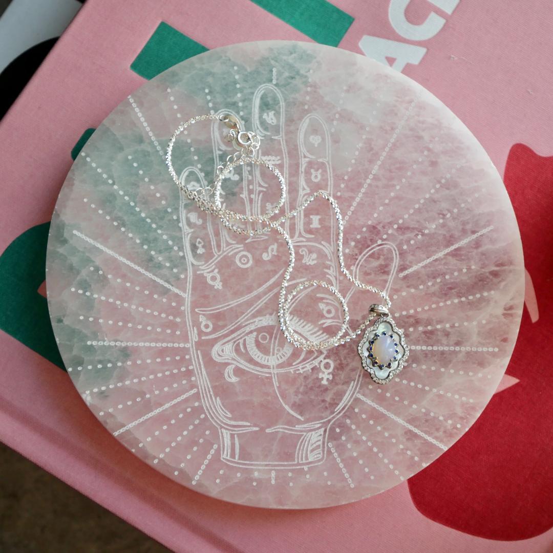 Selenite Engraved Hamsa Charging Plate