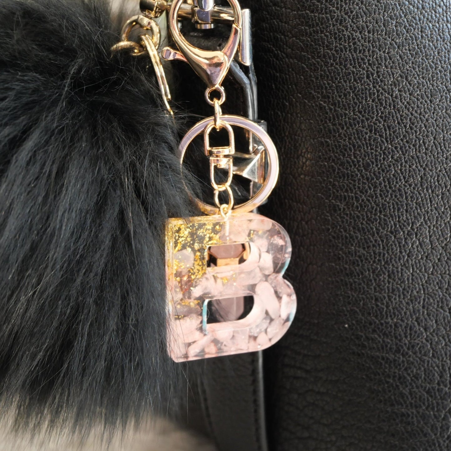 Rose Quartz with Gold Flake Letter Key & Bag Charm