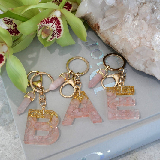 Rose Quartz with Gold Flake Letter Key & Bag Charm