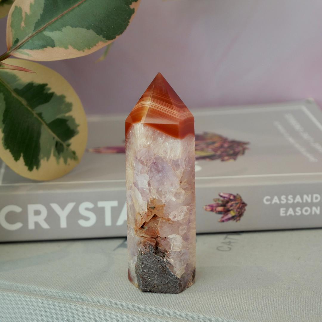 Carnelian Tower with Clear Quartz & Amethyst No 437