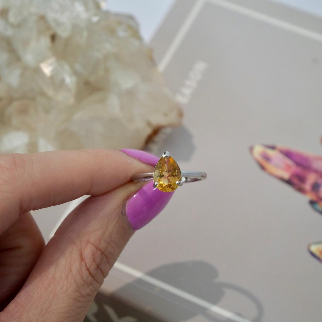 Citrine Teardrop Silver Adjustable Ring No 116