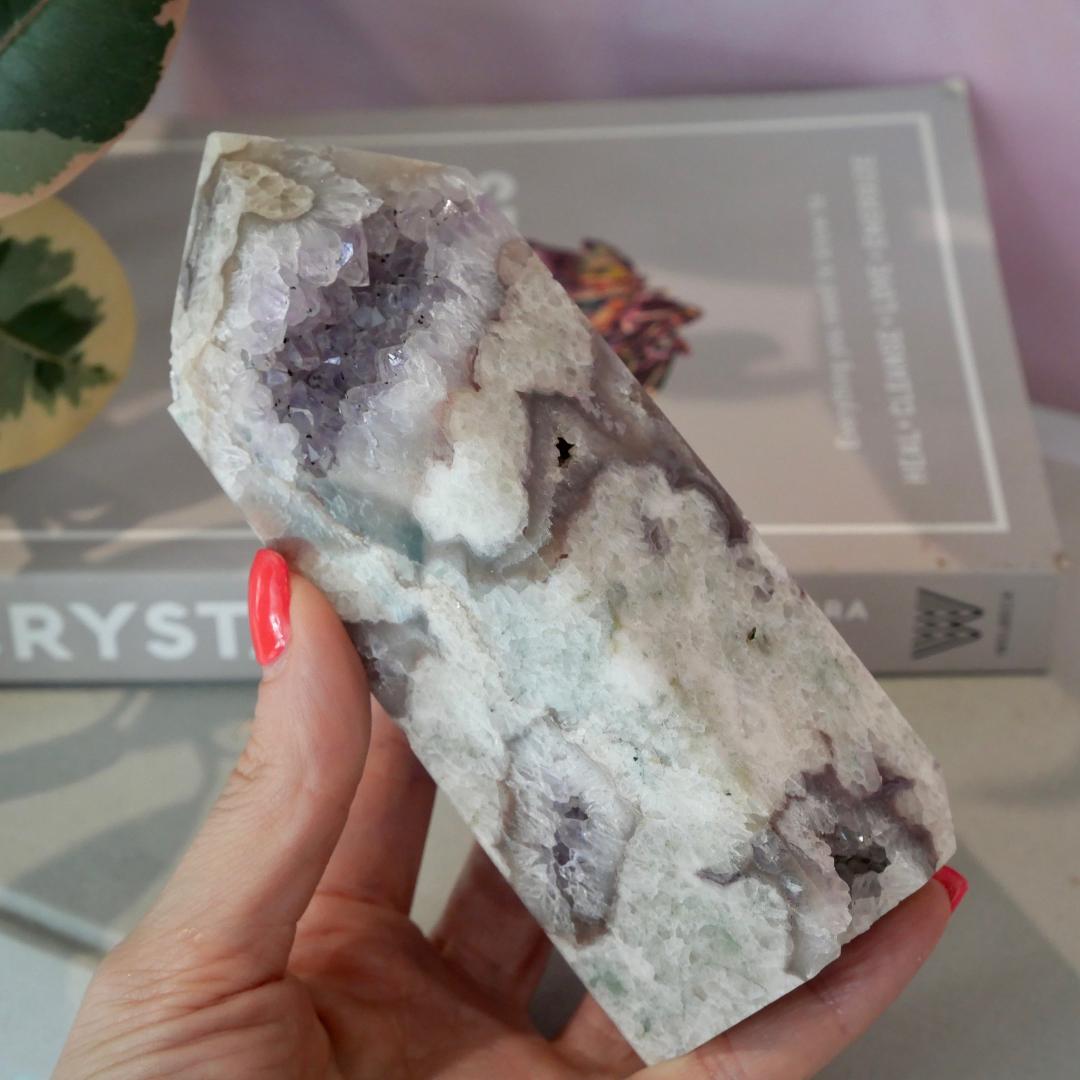 Druzy White Fluorite, Amethyst & Agate Tower No 4