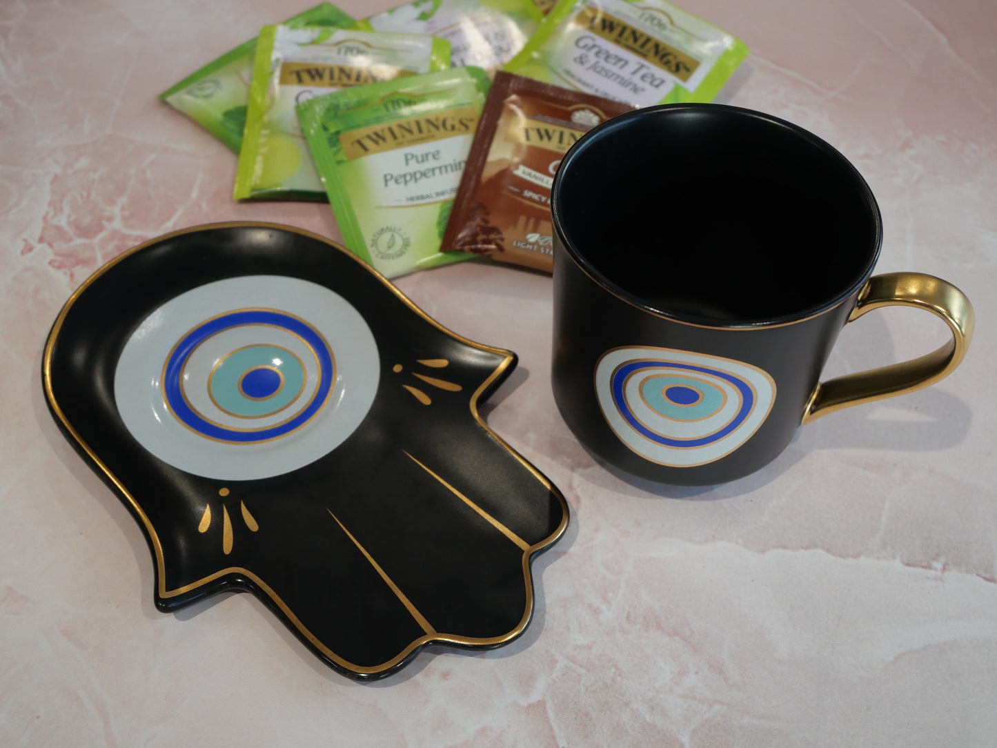 Matt Black with Blue Evil Eye Tea Cup & Saucer Set