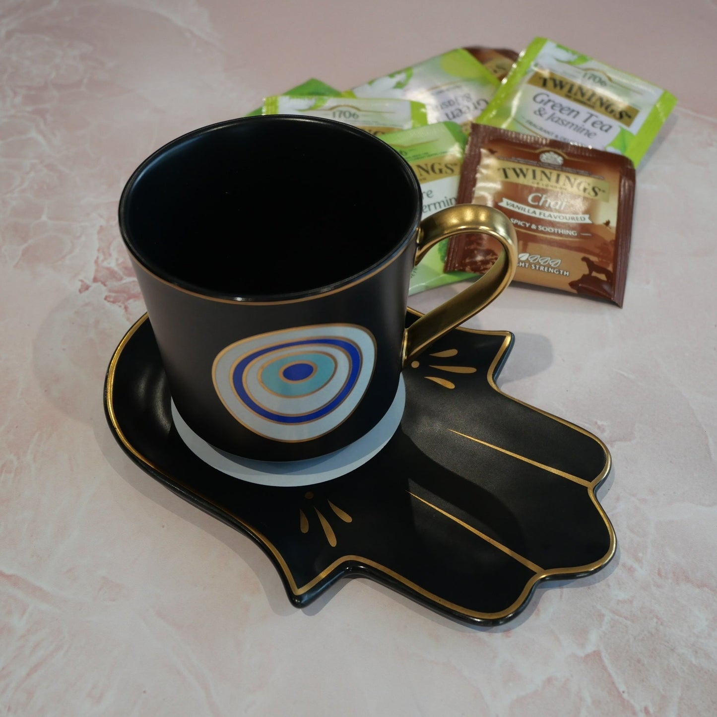 Matt Black with Blue Evil Eye Tea Cup & Saucer Set