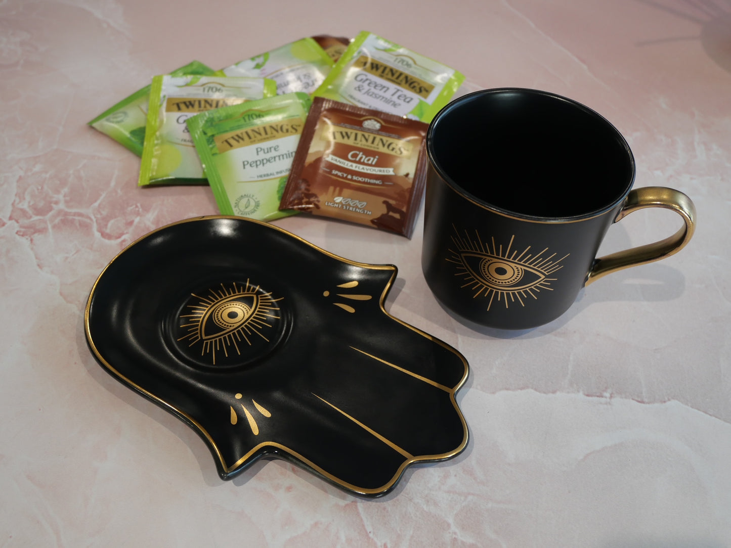 Matt Black with Gold Evil Eye Tea Cup & Saucer Set