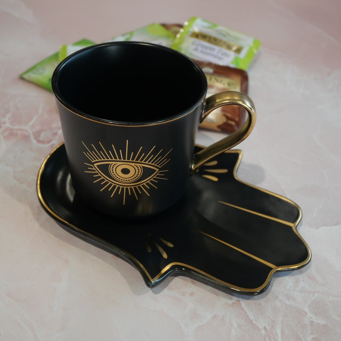 Matt Black with Gold Evil Eye Tea Cup & Saucer Set