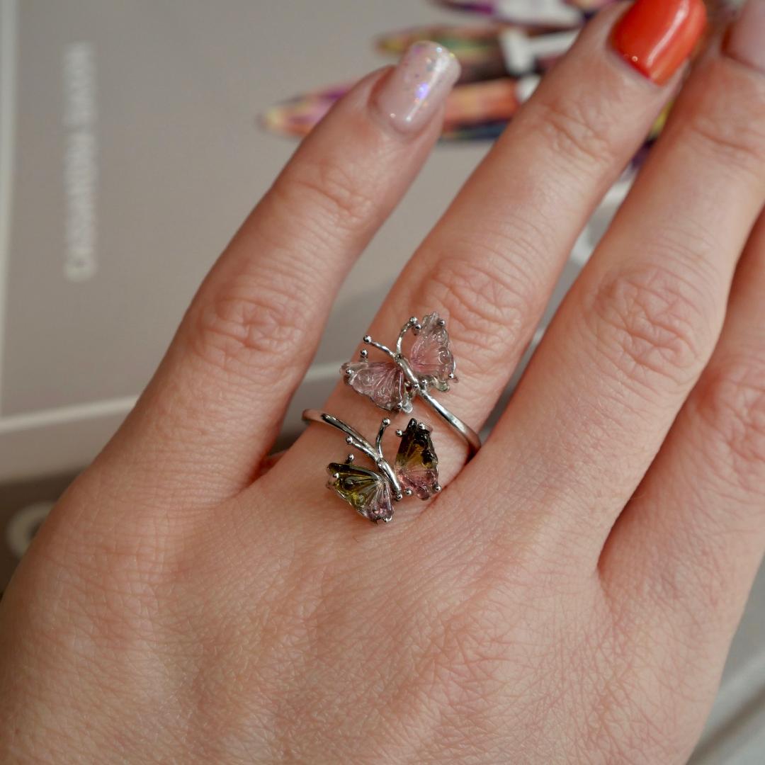 Mixed Tourmaline Butterfly Silver Ring