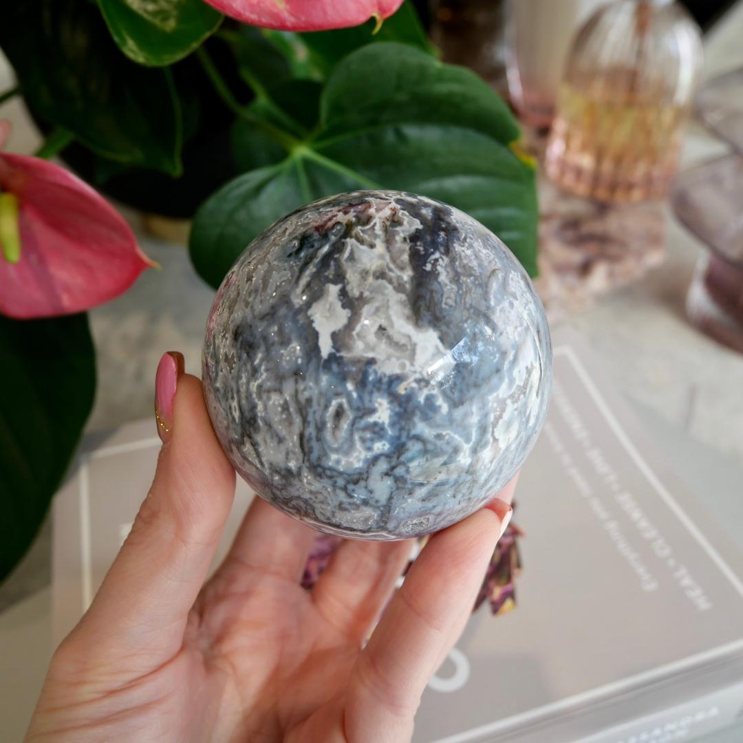 Blue Moss Agate Sphere offers with Druzy- Sugar Druzy