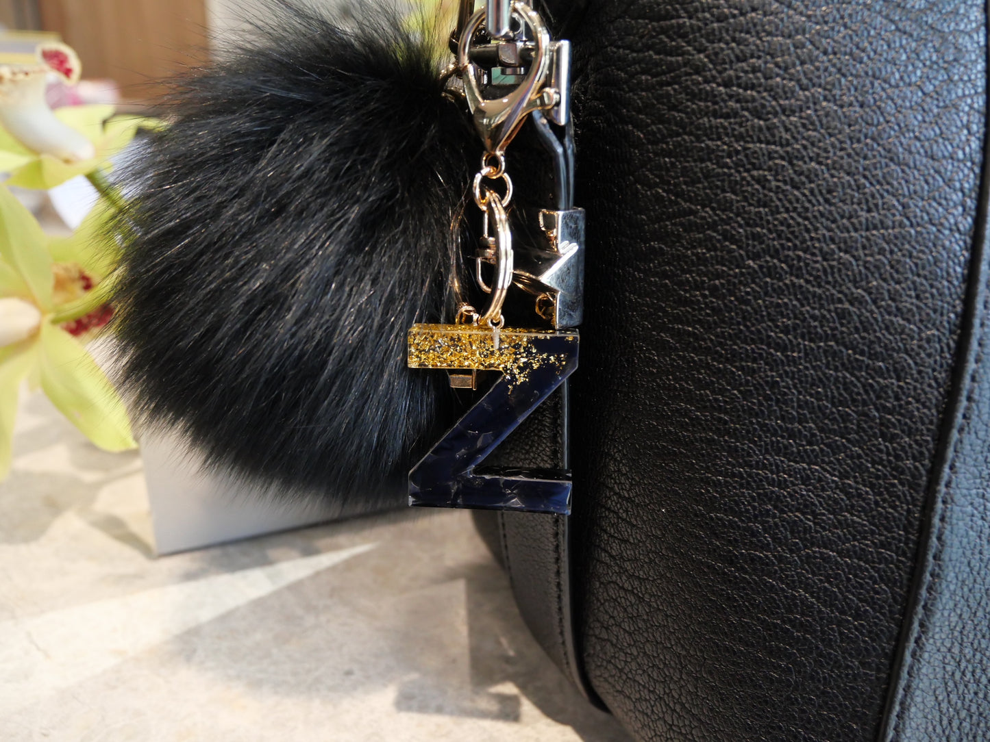 Obsidian with Gold Flake Letter Key & Bag Charm