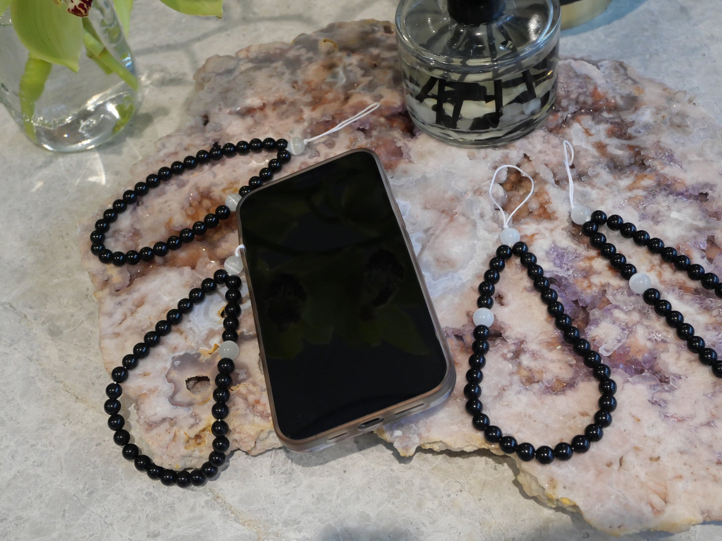 Obsidian with White Opal Crystal Beaded Phone Strap