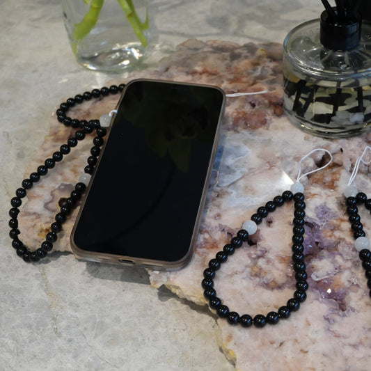 Obsidian with White Opal Crystal Beaded Phone Strap