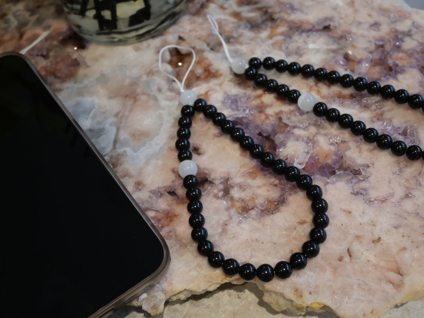 Obsidian with White Opal Crystal Beaded Phone Strap