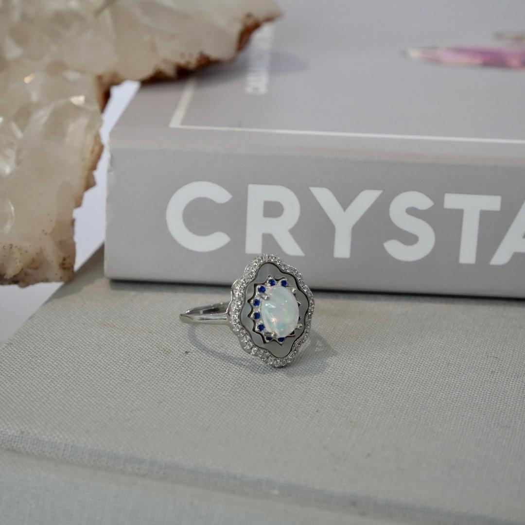 Opal Art Deco Silver Adjustable Dress Ring No 115