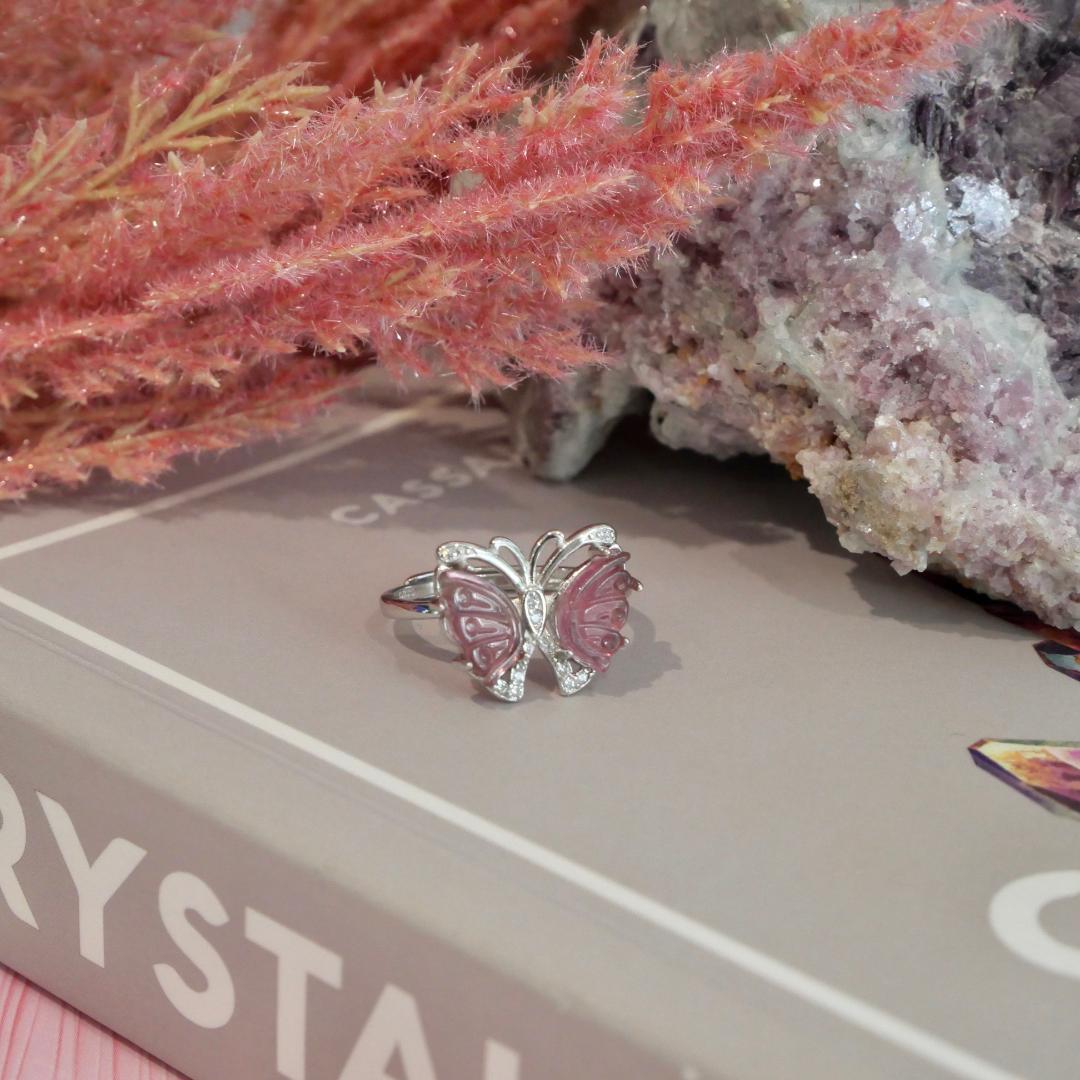 Pink Tourmaline Silver Butterfly Adjustable Ring No 112