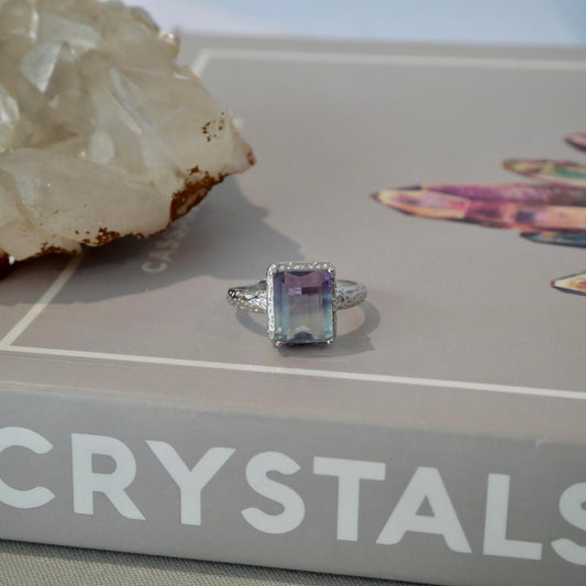 Rainbow Fluorite Square Silver Adjustable Ring No 119