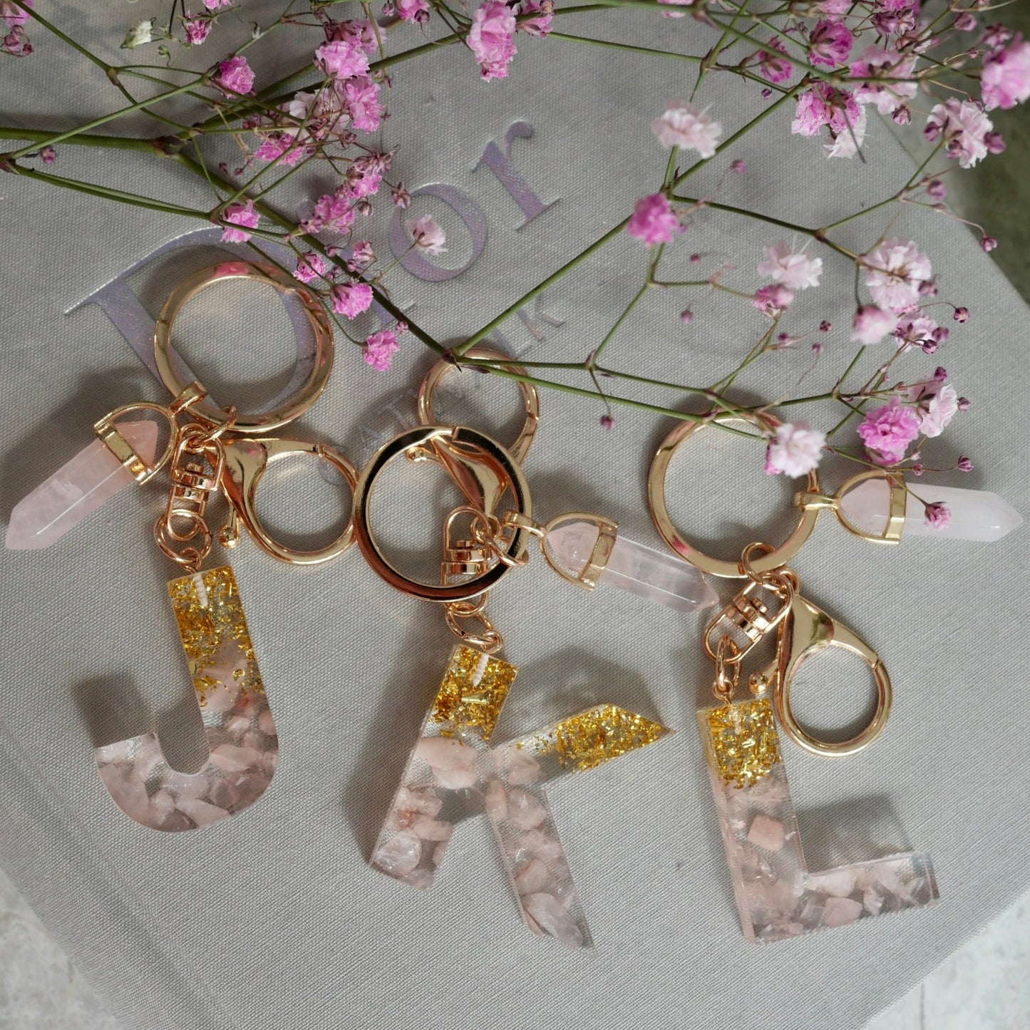 Rose Quartz with Gold Flake Letter Key & Bag Charm