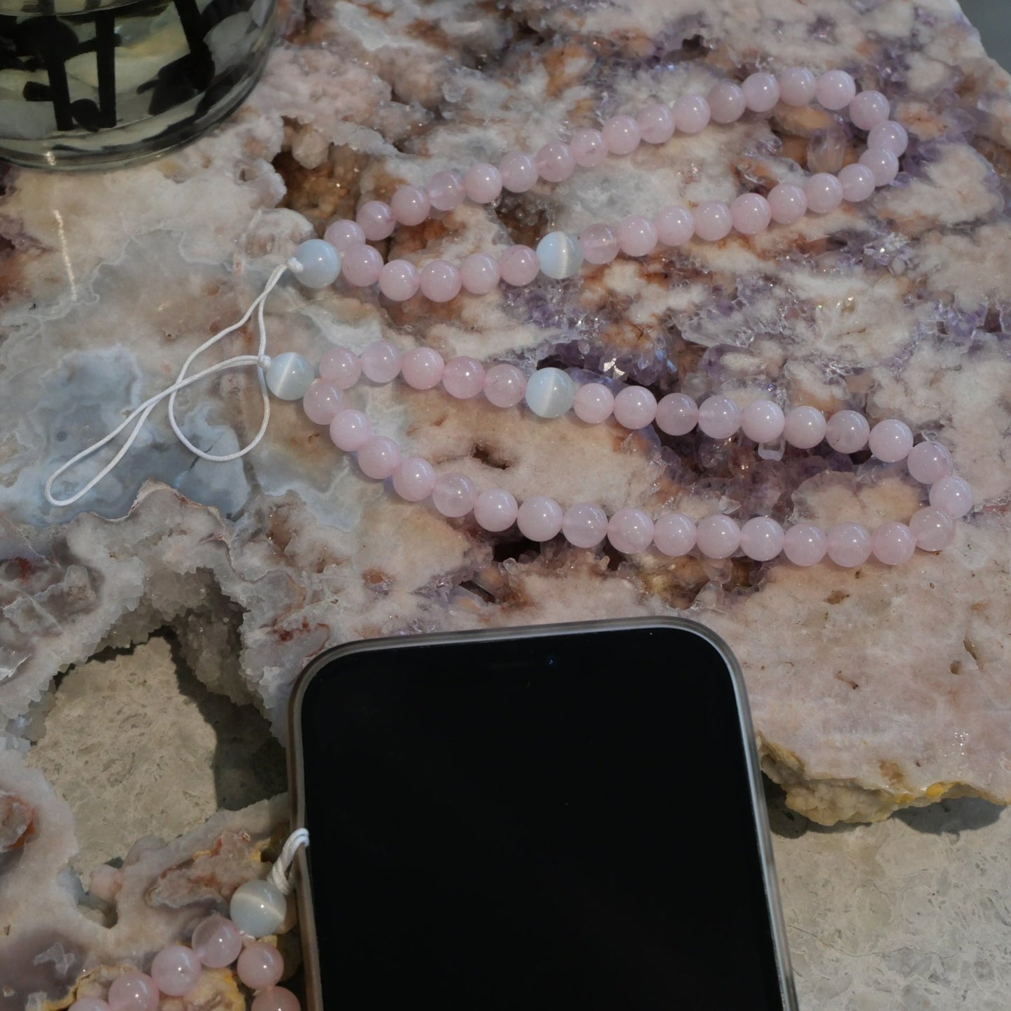 Rose Quartz with White Opal Crystal Phone Strap