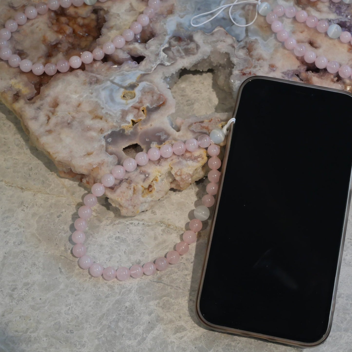 Rose Quartz with White Opal Crystal Phone Strap