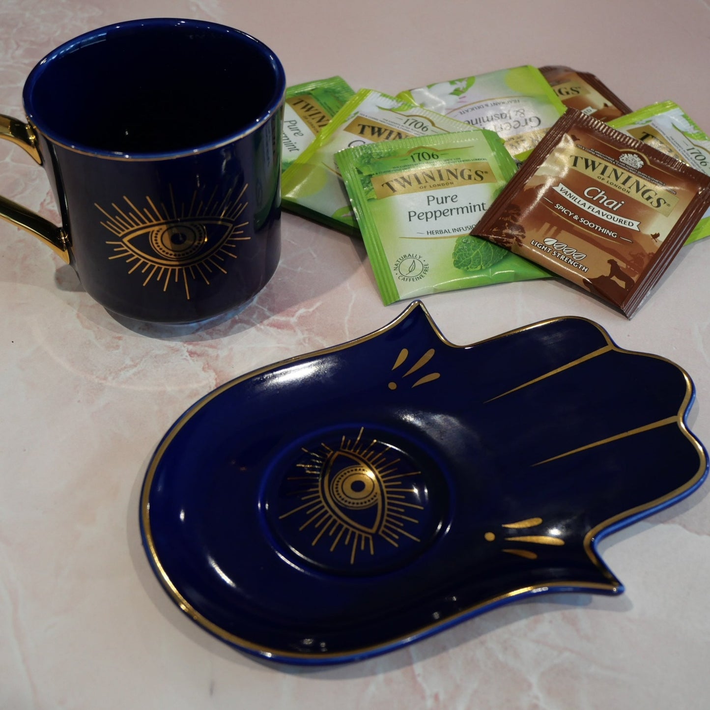 Gloss Royal Blue with Gold Evil Eye Tea Cup & Saucer Set