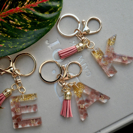 Strawberry Quartz with Gold Flake & Butterflies Letter Key & Bag Charm