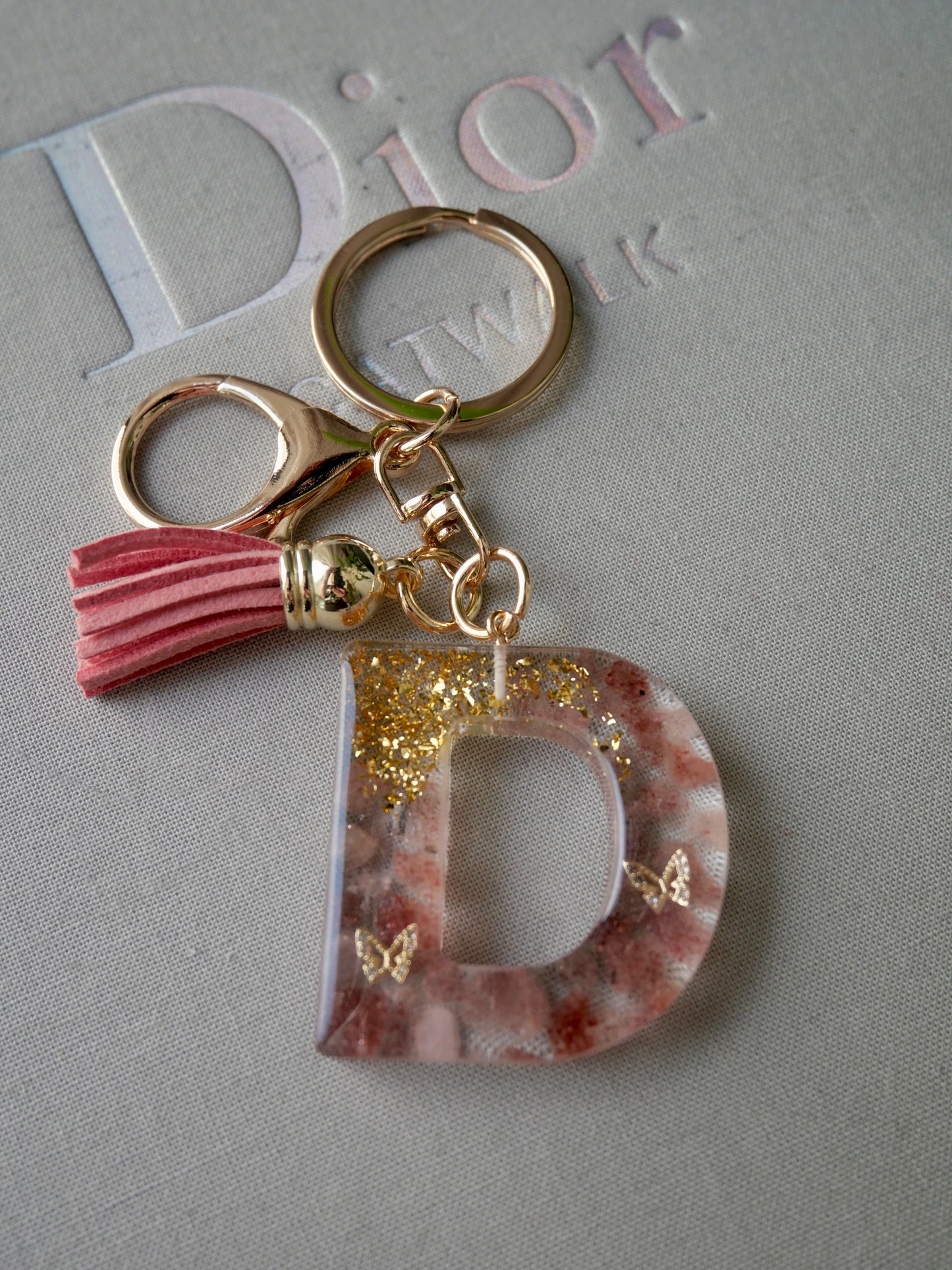 Strawberry Quartz with Gold Flake & Butterflies Letter Key & Bag Charm