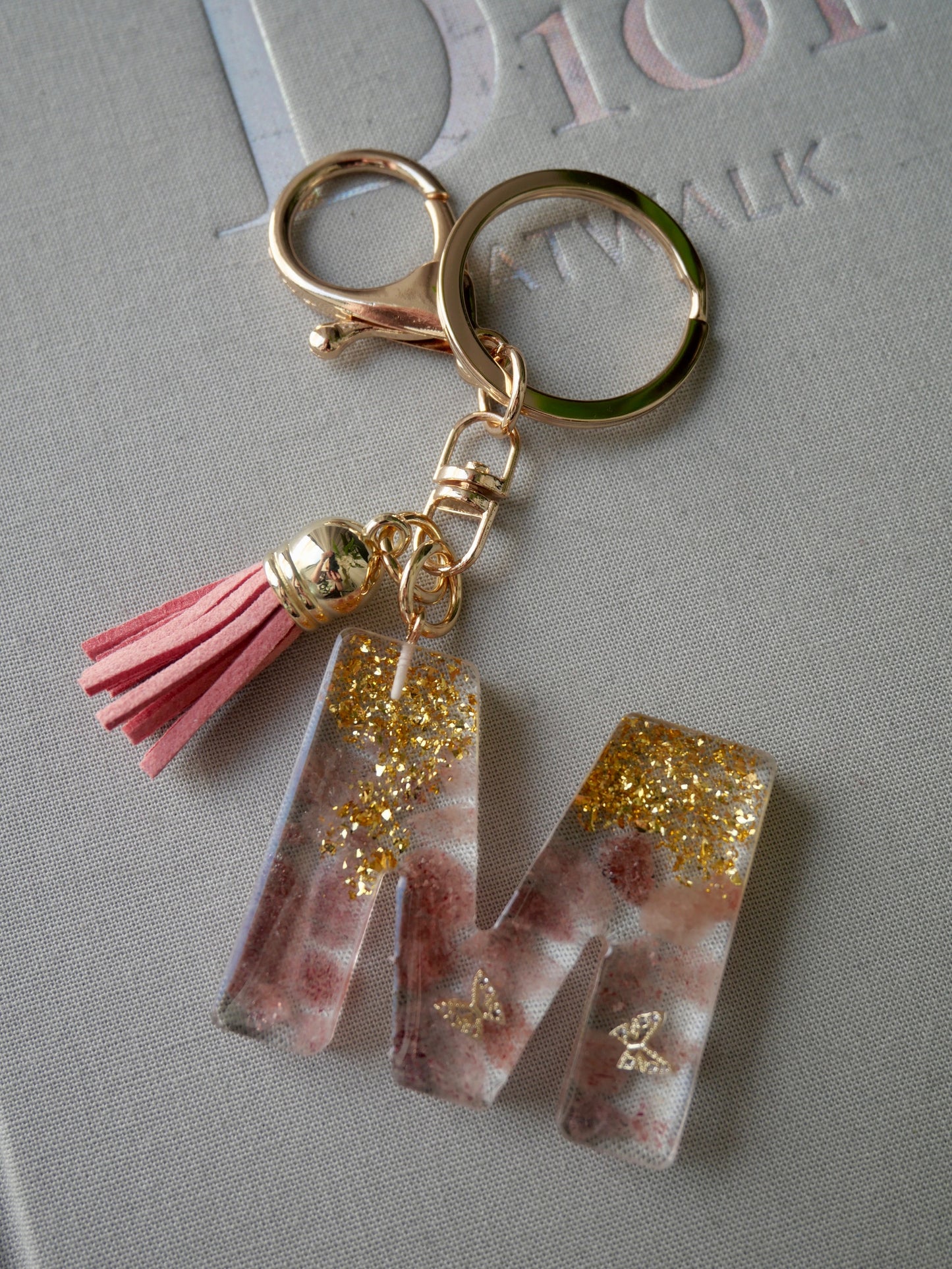 Strawberry Quartz with Gold Flake & Butterflies Letter Key & Bag Charm