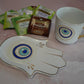 Matt White with Blue Evil Eye Tea Cup & Saucer Set