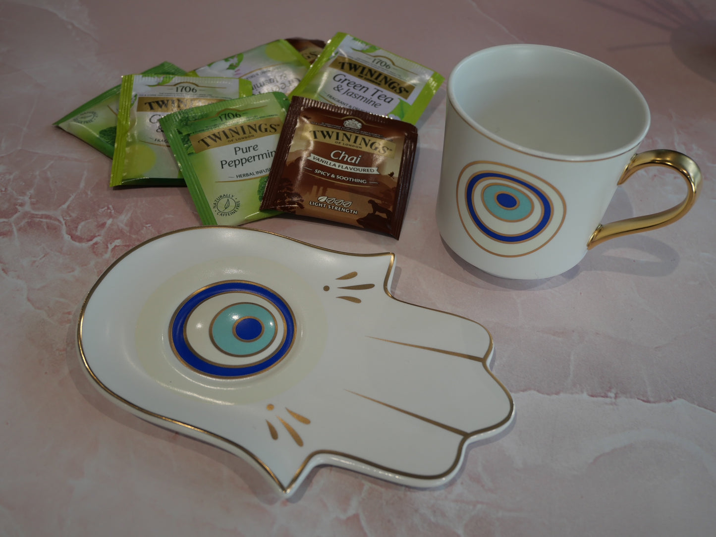 Matt White with Blue Evil Eye Tea Cup & Saucer Set