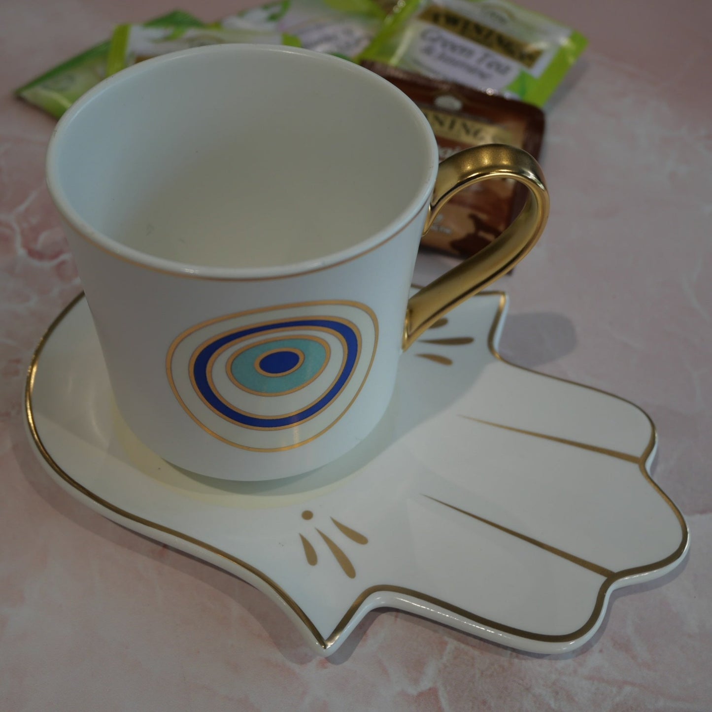 Matt White with Blue Evil Eye Tea Cup & Saucer Set