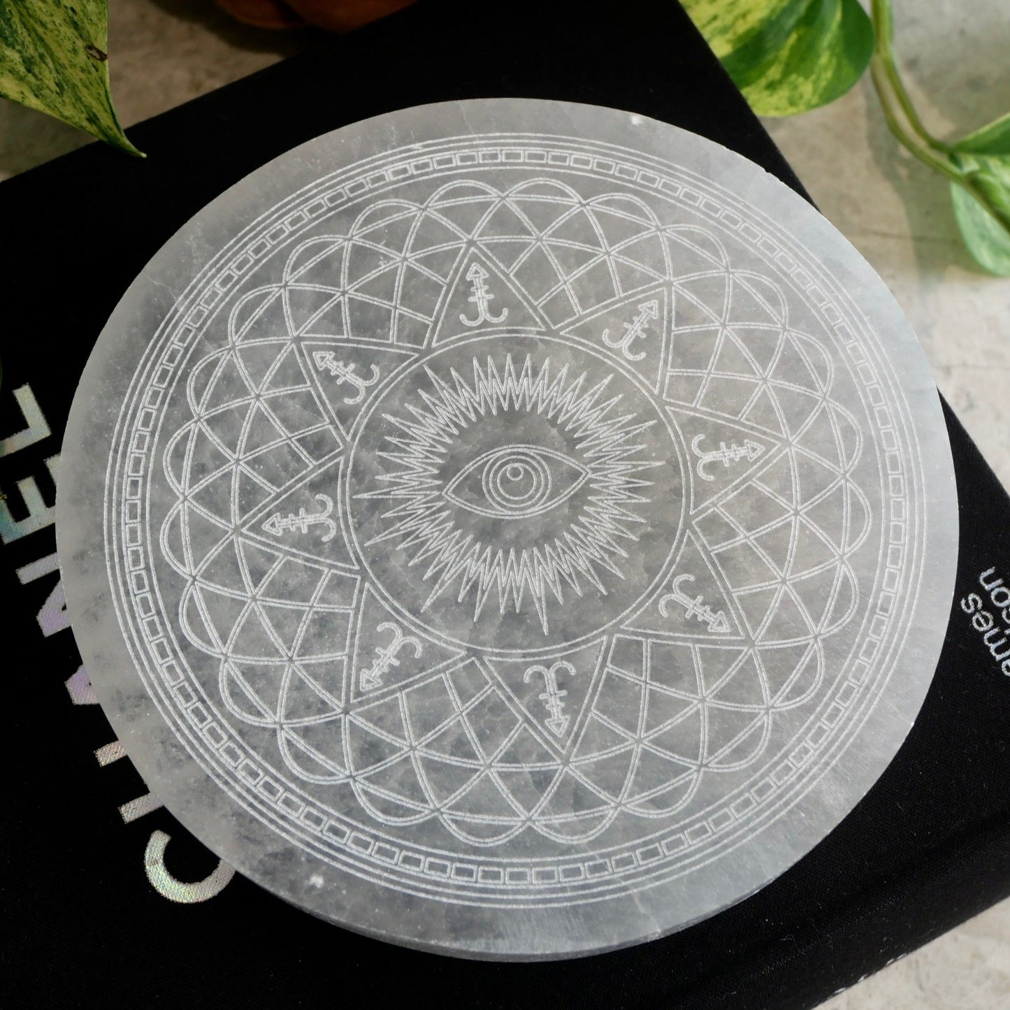 Selenite Engraved Evil Eye Charging Plate