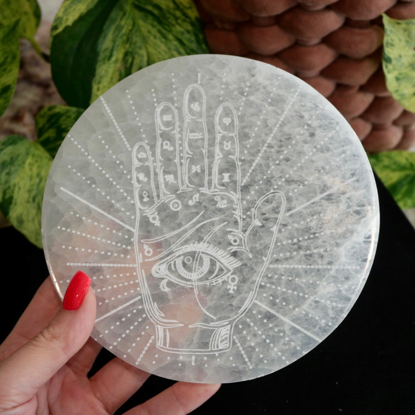 Selenite Engraved Hamsa Charging Plate